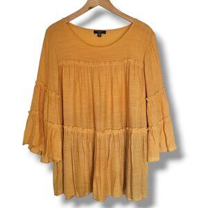 Cocomo Peasant Top Tiered Bell Sleeve Size 1X Yellow Gold Lightweight Flowy Boho